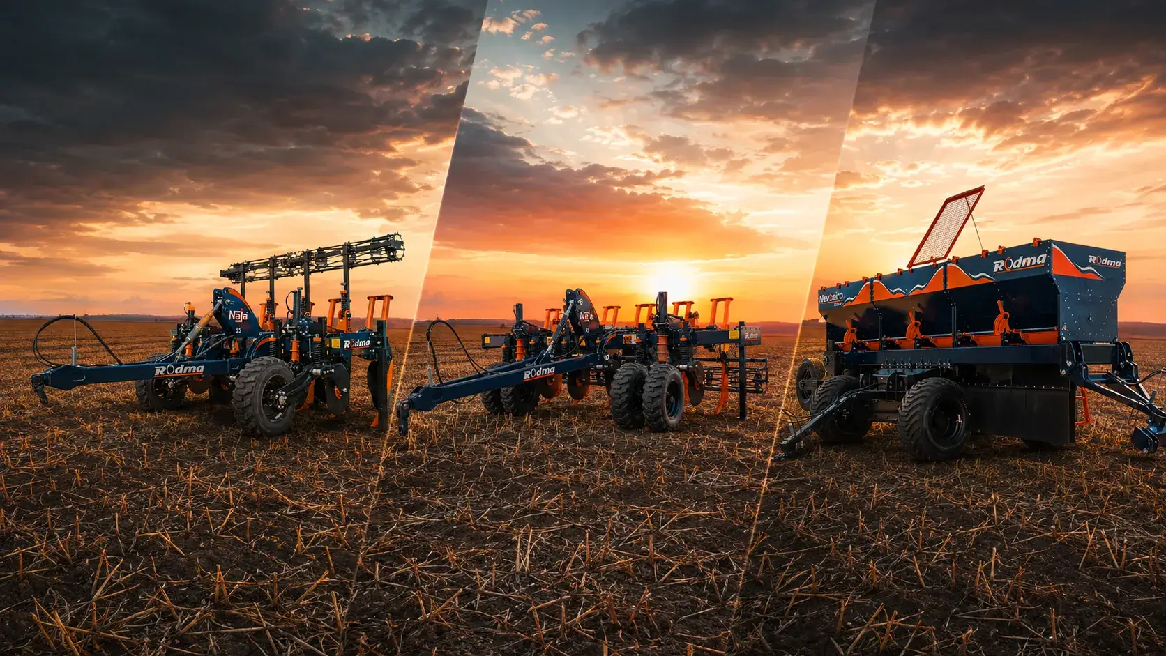Implementos Rodma em um campo ao entardecer